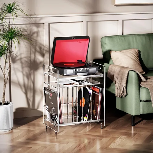 Vista 2 de Soporte de acrílico para tocadiscos con estante de almacenamiento, soporte para tocadiscos de vinilo transparente, mesa auxiliar de 3 niveles