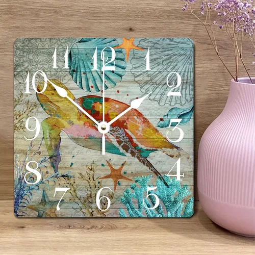 Vista 2 de Reloj de pared vintage para decoración de playa, relojes de madera costeros con cita de playa, reloj cuadrado sin tictac, funciona con pilas, reloj