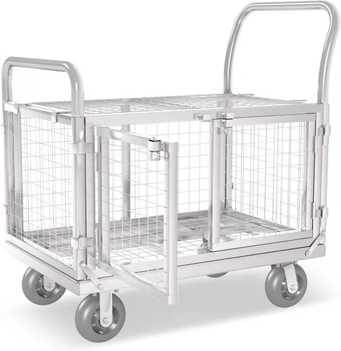 Vista 10 de Carrito de Plataforma con Jaula, Multiusos 6 en 1 Plegable Carrito de Plataforma Plana Carrito de Empuje Resistente Diablito con Ruedas Giratorias