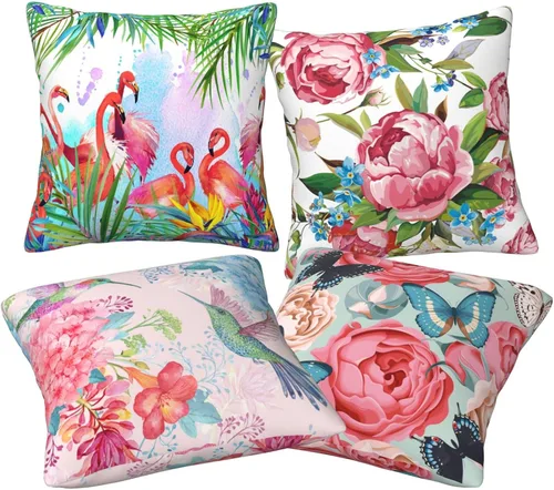 Vista 8 de Juego de 4 fundas de almohada de flamencos tropicales y flores rosadas, 18 x 18 pulgadas, diseño de peonías florales de mariposa, fundas de almohada