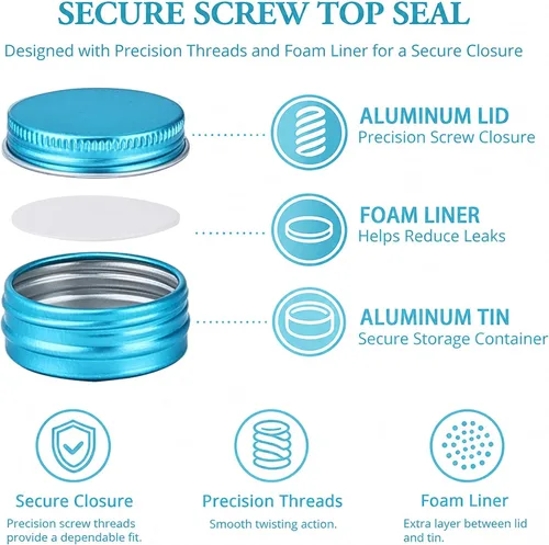 Vista 3 de 270 tarros de aluminio de 0.5 oz / 0.5 fl oz con tapa de rosca y etiquetas en blanco (azul lago)