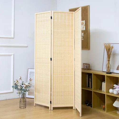 Vista 2 de 3 Panel Bamboo Room Divider for Home & Office, 5.6 ft Tall Folding Partition Wall in Natural Beige, Double-Sided Privacy Screen for Room Separation
