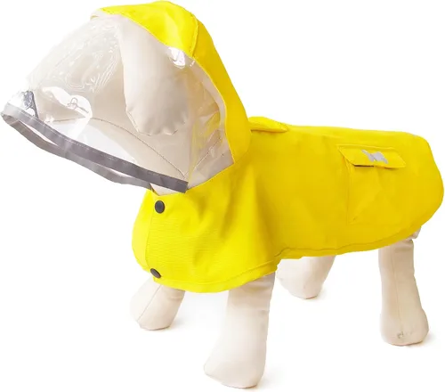 Vista 8 de Impermeable para perro con poncho con capucha, chaqueta de lluvia amarilla ajustable de alto reflejo, con agujero para correa para perros pequeños