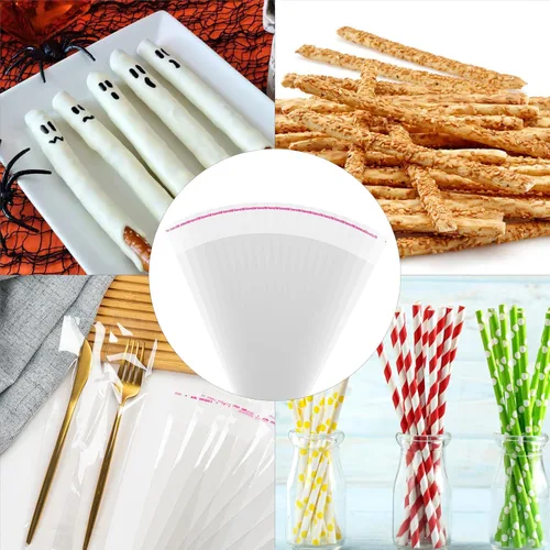 Vista 7 de 100 bolsas de celofán transparentes autoadhesivas, de 2 x 10 pulgadas, bolsas de barra de pretzel para panadería, galletas, dulces, pretzel, regalo