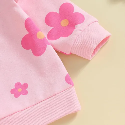 Vista 4 de MAYUMMPY Conjunto de 2 piezas de sudadera con cuello redondo floral y pantalones para bebé niña