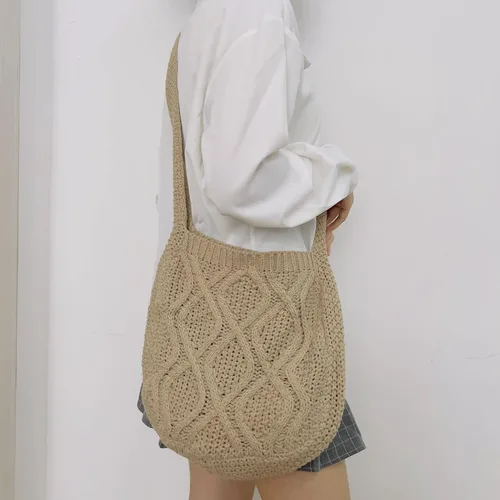 Vista 5 de Bolso cruzado estético de ganchillo para mujer, bolso de mano de punto Y2K, bolsa de compras de moda, Caqui