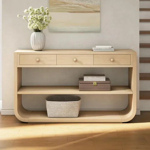 Vista 13 de LUMISOL Mesa consola geométrica tallada con 3 cajones, mesa de sofá de granja detrás del sofá con almacenamiento y detalles de patas acanaladas