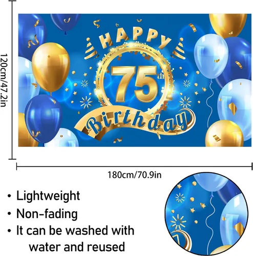 Vista 2 de 5665 Cartel de fondo de feliz cumpleaños 75, decoración azul con texto en inglés "Cheers to 75 años" para fiestas temáticas para hombres y mujeres