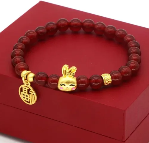Vista 2 de Caiyao Pulsera elástica con cuentas de ágata de conejo chapada en oro de 14 quilates 2023 para mujer, pulsera apilable con cuentas de cornalina
