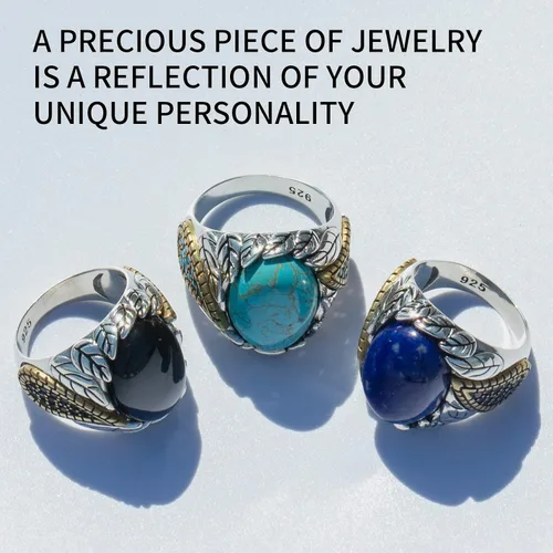 Vista 7 de SKOOMEN Men's Rings in Sterling Silver, Silver Ring with Black Agate Stone, Silver Men Ring with Turquoise Stone, Handmade Statement Ring with Lapis