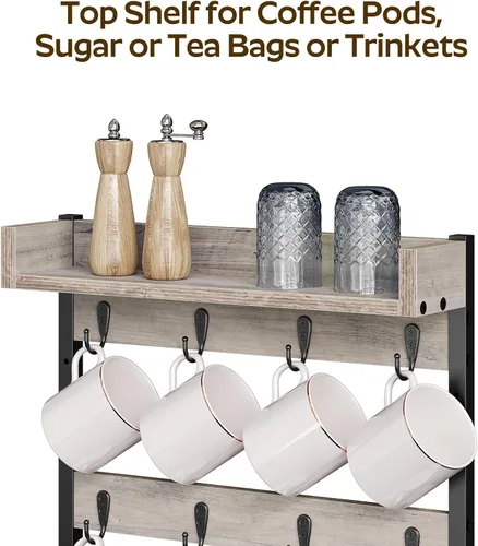 Vista 4 de YATINEY Soporte para Tazas de Café, Estante de Árbol de Tazas de 3 Niveles, Colgante para 12 Tazas, con Estante Superior, para Cocina, Comedor, Sala