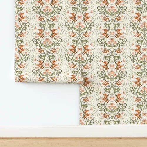 Vista 4 de Spoonflower Muestro de papel tapiz extraíble – Caprichoso Zorro Naranja Ardilla Botánica Naturaleza Jardín Crema Verde Rosa Dulce Lindo Papel