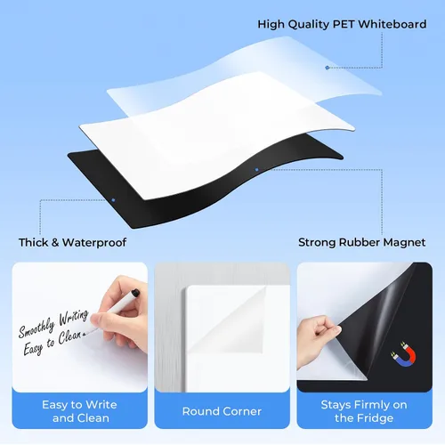 Vista 4 de M&G Pizarra magnética de borrado en seco para refrigerador, pizarra blanca de 12 x 8 pulgadas para cocina, juego de pizarra blanca pequeña con 4