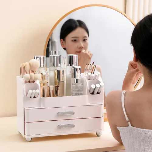 Vista 3 de Organizador de maquillaje Anyoifax para encimera con cajones grandes, organizador de tocador con soporte para brochas, almacenamiento