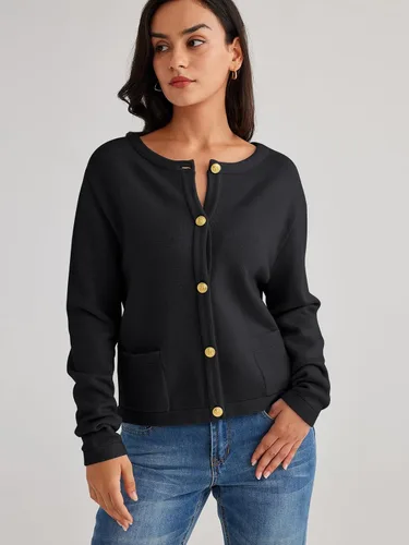 Vista 3 de LILLUSORY Chaqueta de mujer con cuello redondo y botones dorados, chaqueta con bolsillos de parche