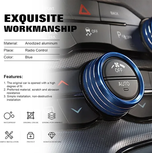 Vista 5 de Xotic Tech - 3 piezas de aluminio azul CA para interruptor de volumen de radio climática de control de botón de control compatible con Dodge Charger