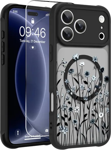 Vista 75 de OOK Funda magnética para iPhone 13 Pro Max [compatible con MagSafe] Funda delgada translúcida mate con flor silvestre negra, protección para lente
