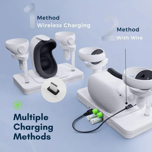 Vista 7 de TNP Base de carga para Oculus Quest 2 Estación de carga de auriculares y controlador de realidad virtual con luz RGB y 3 puertos USB 2.0 Cable