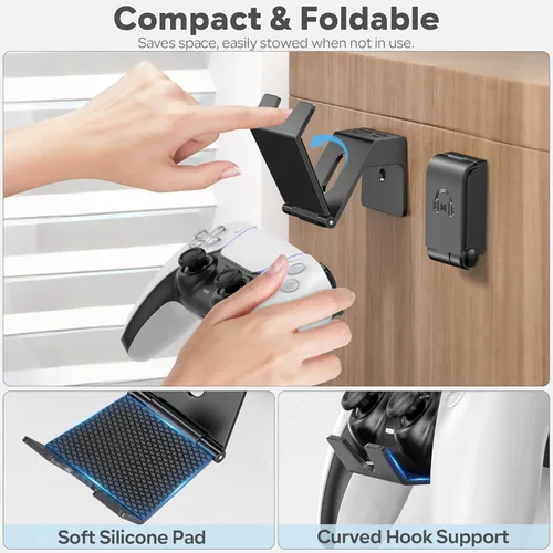 Vista 3 de OIVO Soporte de pared para controlador y auriculares, soporte plegable para auriculares, soporte para controlador de juegos, organizador