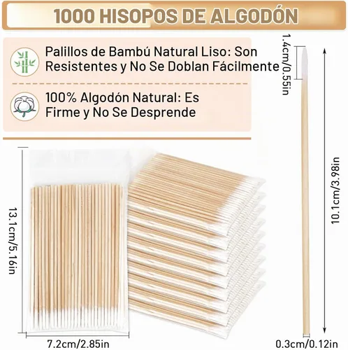 Vista 3 de 1000 hisopos de algodón microblading, punta puntiaguda, hisopos de algodón, palitos de madera, aplicador de punta de algodón, suministros