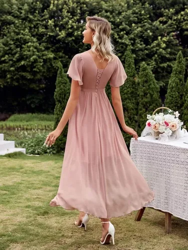 Vista 2 de Vestido de dama de honor para mujer, de manga corta, cuello en V, vestidos formales de fiesta