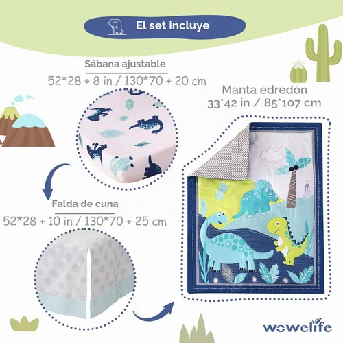Vista 4 de Juego de ropa de cama para cuna de dinosaurio para niños, color azul, juego de ropa de cama de 3 piezas de alta calidad, juego de cuna de guardería