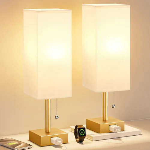 Vista 14 de Fenmzee Juego de 2 lámparas de noche para dormitorio, pequeña lámpara rectangular para mesita de noche con puerto de carga USB A C, luz