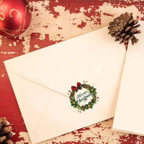 Vista 5 de 600 piezas de pegatinas para sobres de Navidad, pegatinas redondas de 3.8 cm de Navidad Feliz, 8 diseños de invierno de Navidad, pegatinas