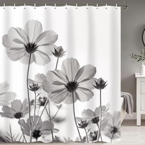 Vista 16 de MERCHR Cortina única floral azul para decoración de baño, cortina de ducha estilo granja con flores de margarita azul y gris elegantes y diseño