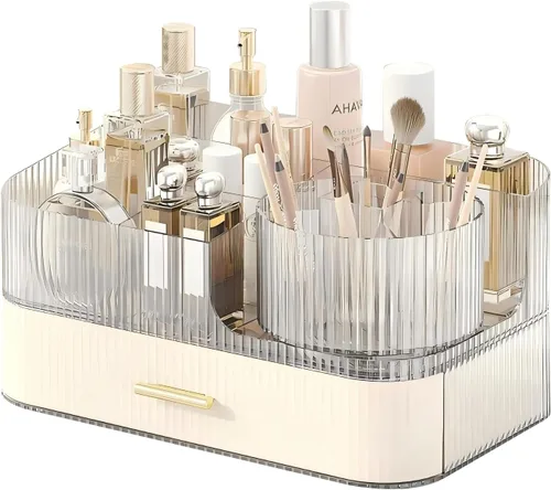 Vista 9 de DASITON Organizador de Maquillaje con Cajones y Soporte Giratorio para Brochas de Maquillaje, Organizador de Cosméticos Apilable de Gran Capacidad
