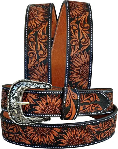 Vista 5 de Western Cuero Genuino Girasol Floral Tooled Casual Jeans Cinturón Con Hebilla Removeable 30AB101