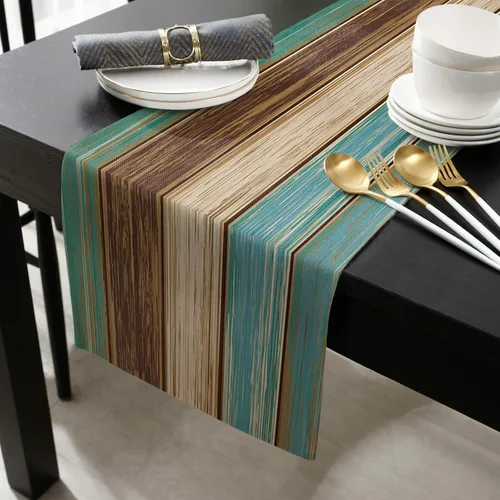Vista 2 de Camino de mesa retro de lino y algodón geométrico, tapete rectangular para tocador, tablones de madera rústica, alfombra al aire libre para café