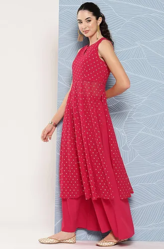 Vista 4 de Janasya Kurta con estampado de Georgette rosa indio con palazzo acampanado para mujer