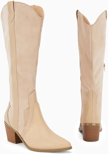 Vista 6 de Coutgo Botas vaqueras hasta la rodilla para mujer, botas vaqueras occidentales con punta ancha y punta puntiaguda