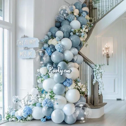 Vista 2 de Kit de arco de globos de látex azul polvoriento, blanco, mate, para baby shower, cumpleaños, boda, bajo el mar, arándanos y otoño, fiesta de otoño