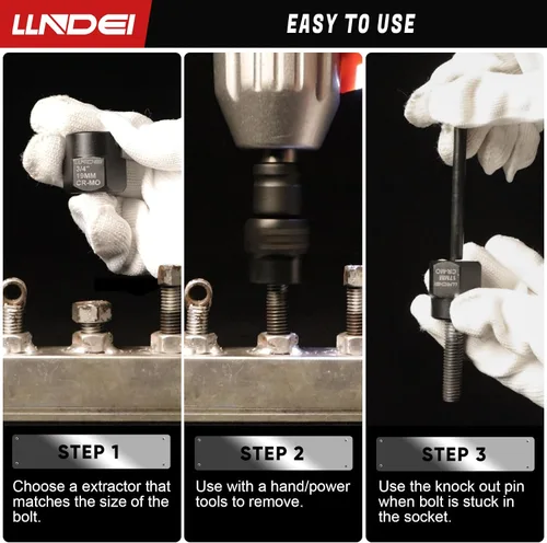 Vista 6 de LLNDEI Kit extractor de pernos, 15 piezas de extracción de tuercas peladas fáciles de sacar con accionamiento de 3/8 pulgadas, acero CR-MO