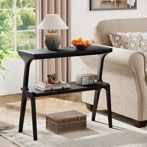 Vista 3 de Tribesigns Mesa auxiliar de madera maciza, mesa de dos niveles moderna y delgada para sofá con estantes de almacenamiento, mesa lateral alta
