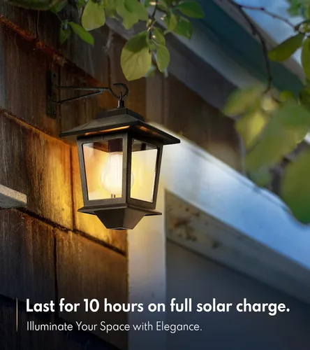 Vista 2 de PASAMIC Paquete de 2 faroles solares de pared, luces colgantes para exteriores con 4 paneles solares, aplique de pared LED del atardecer al Negro