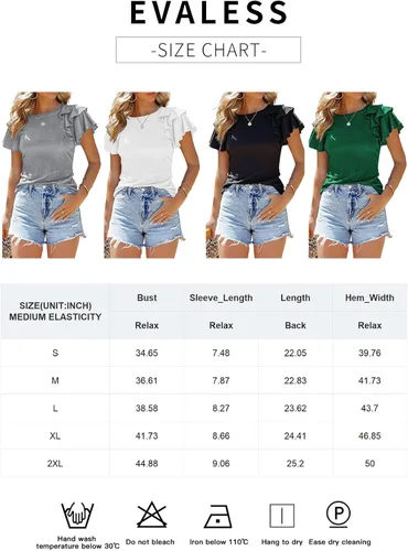 Vista 6 de EVALESS Blusas de verano para mujer, cuello redondo, manga corta, con volantes, color liso, ajustadas, blusas casuales