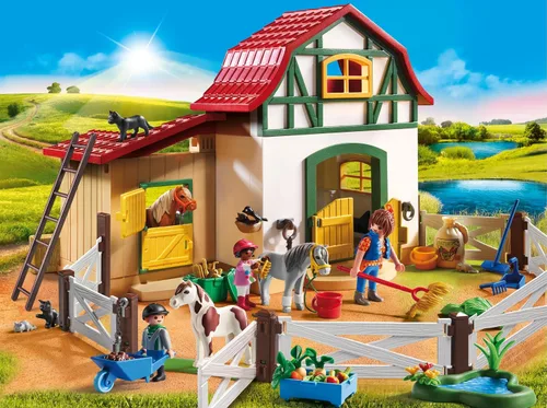 Vista 2 de Playmobil 6927 Country Pony Farm con 2 puestos de ponis y loft de almacenamiento