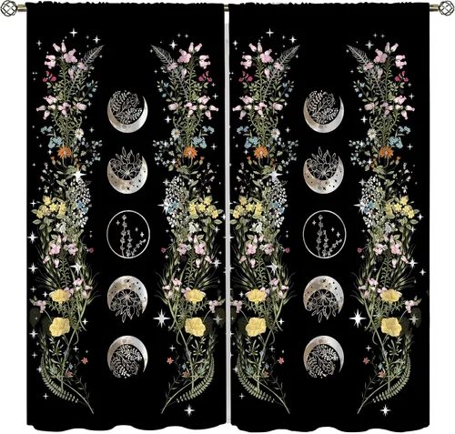 Vista 15 de Cortinas de Ventana Bohemias con Plantas Florales para Dormitorio de Niño y Niña, Cortinas de Ventana Góticas de Jardín Iluminado por la Luna