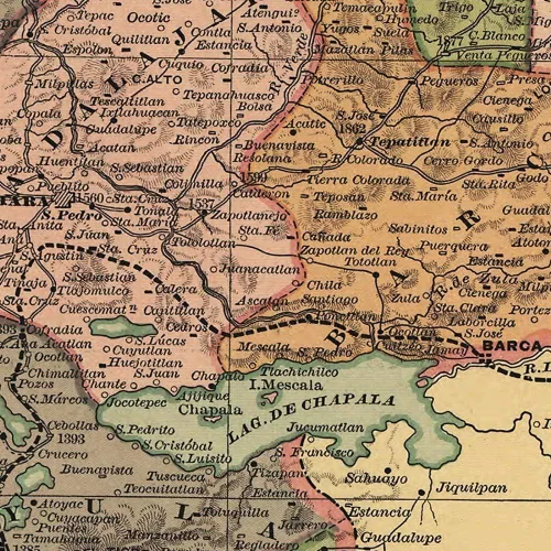 Vista 5 de Mapa de Jalisco México desde Atlas Mexicano c. 1884 por Antonio Garcia Cubas Arte de pared vintage, impresión histórica del estado mexicano
