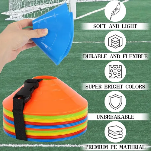 Vista 4 de Paquete de 15/25/30/50 conos de fútbol con bolsa de malla y correa-conos de fútbol para entrenamiento deportivo, fútbol, baloncesto, ejercicios