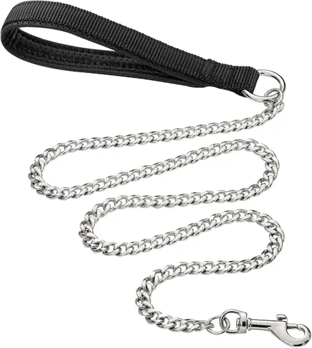 Vista 8 de Correa de metal resistente para perros, cadena de correa para mascotas a prueba de mordidas de 4 pies con mango acolchado suave para perros grandes