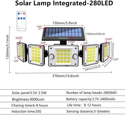 Vista 2 de Luces solares para exteriores con sensor dual, 6500K 3800LM 240° sensor de movimiento dual luces para exteriores, luz de pared de inundación
