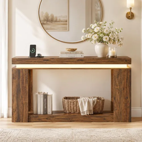 Vista 4 de Loomie - Mesa de consola larga de 63" con luces LED y toma de corriente, mesa de sofá de estilo granja de 2 niveles detrás del sofá