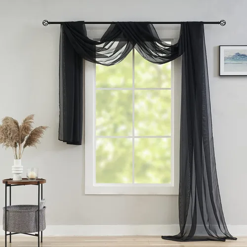 Vista 2 de poefun Cortinas transparentes negras para ventanas, toldo drapeado, cortina de cama, bufanda, camino de mesa de boda, sala de estar, dormitorio
