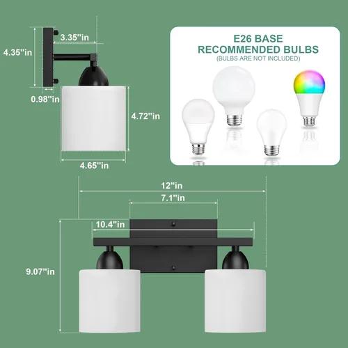 Vista 5 de Luces de baño negras sobre espejo, lámpara de tocador anti-óxido para baño, moderna lámpara de pared de 2 luces para sala de estar, base estándar