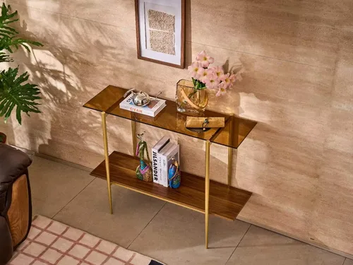 Vista 3 de Mesa consola de vidrio para sala de estar, vestíbulo y entrada, mesa de sofá moderna de mediados de siglo de 2 niveles con parte superior de vidrio