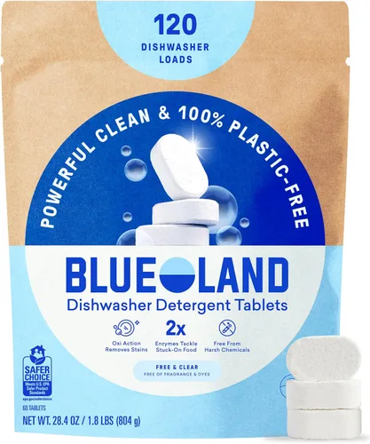 Vista 12 de BLUELAND - Tabletas de detergente para lavavajillas 100% libres de plástico, 60 unidades, libres y transparentes, ecológicas, cortan la grasa y se